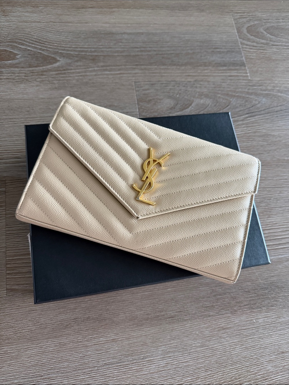 Saint Laurent Cream Quilted Leather Envelope Clutch with Gold YSL Logo